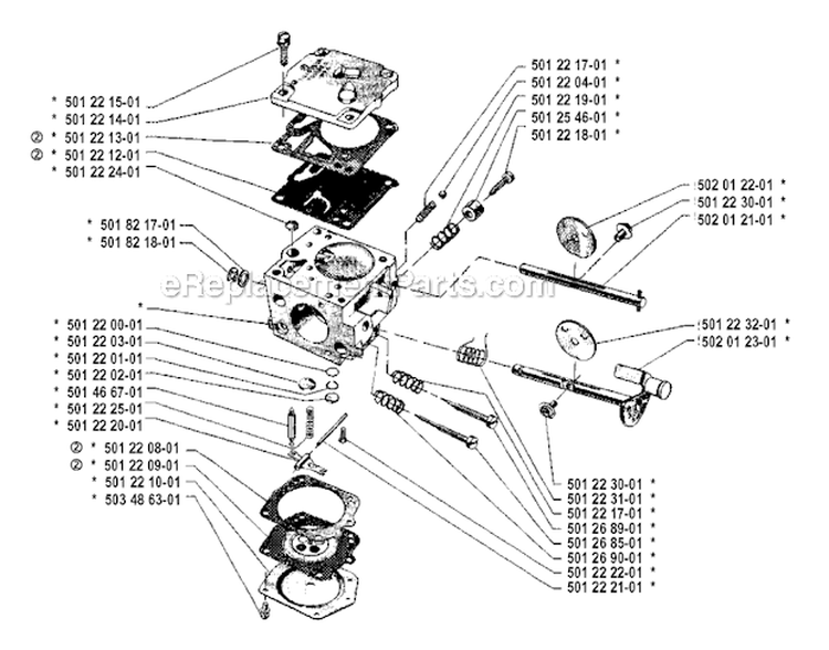 Carburetor Details Diagram and Parts List for 265RX 1992-05 Husqvarna Brush Cutter