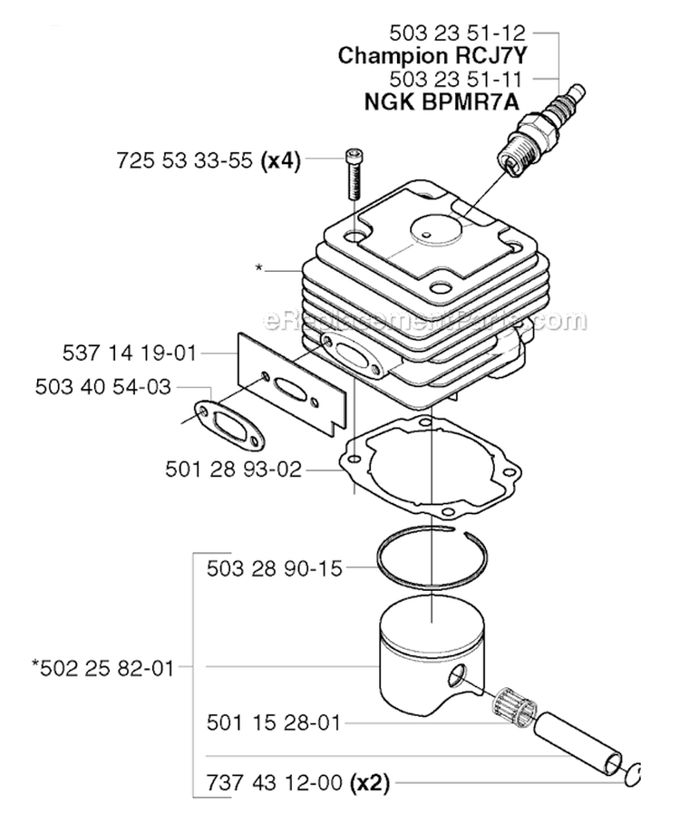 Cylinder Piston Diagram and Parts List for 265RX 2002-08 Husqvarna Brush Cutter