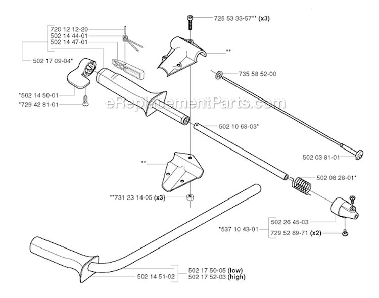 Handle  Controls Diagram and Parts List for 265RX 2002-08 Husqvarna Brush Cutter