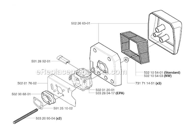 Carburetor  Air Filter Diagram and Parts List for 265RX 2002-08 Husqvarna Brush Cutter