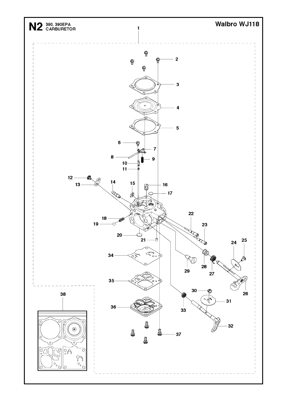 Carburetor 2 Diagram and Parts List for 390XP-XPG-XPW (EPA)(20101800001 - 20111800000) Husqvarna Chainsaw