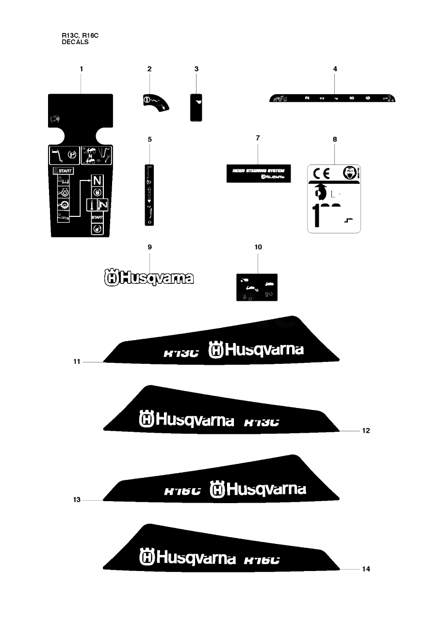 Decals Diagram and Parts List for R13C (965094301)(2010-07) Husqvarna Lawn Tractor