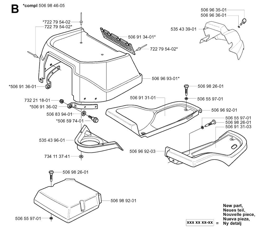 Hood Diagram and Parts List for R13R (953533001)(2003-09) Husqvarna Lawn Tractor