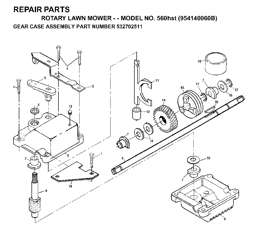 Gear Case Diagram and Parts List for 560HST (954140060B, 532702511)(1998-10) Husqvarna Lawn Mower