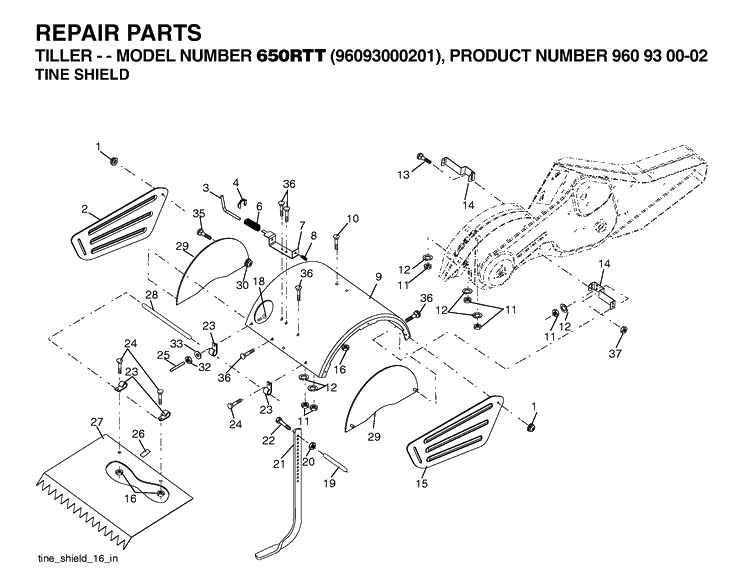 Tine Shield Diagram and Parts List for 650RTT (96093000201)(2006-12) Husqvarna Cultivator