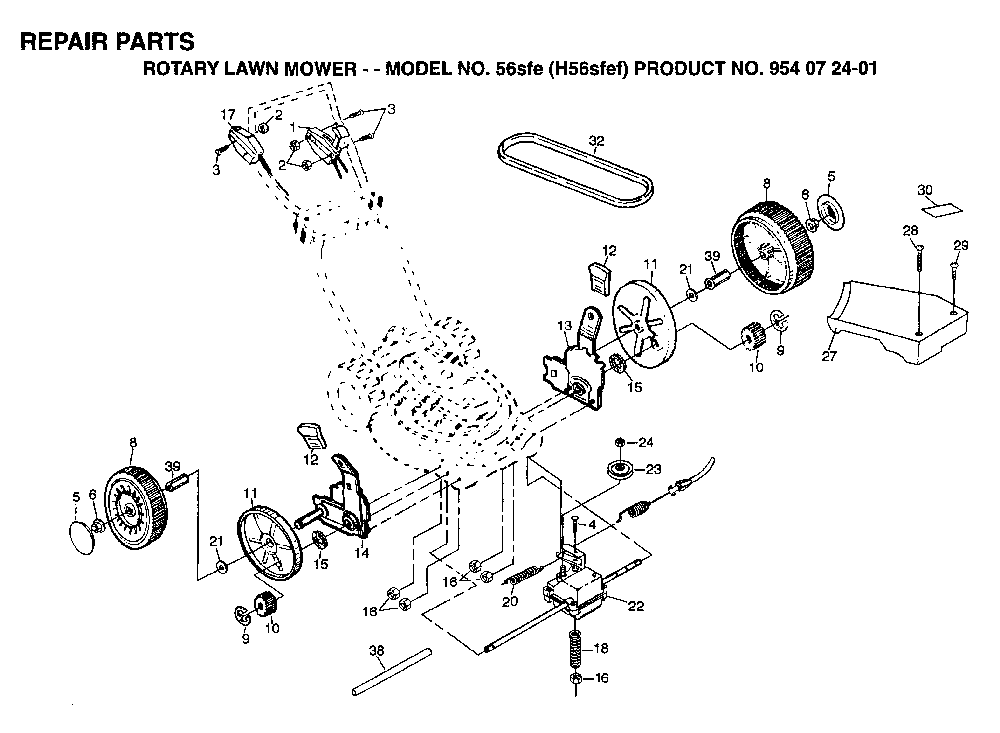 Repair Parts Diagram and Parts List for 56SF (H56SFG, 954072501)(1995-03) Husqvarna Lawn Mower
