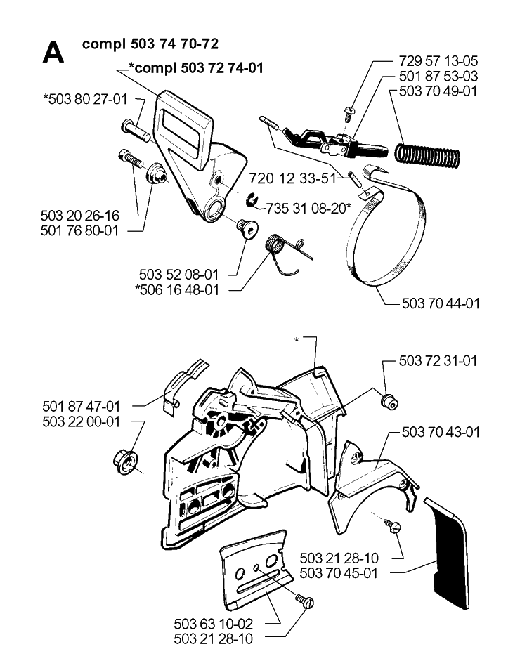 Chain Brake Diagram and Parts List for 262XP 19960100001-19981400000 Husqvarna Chainsaw