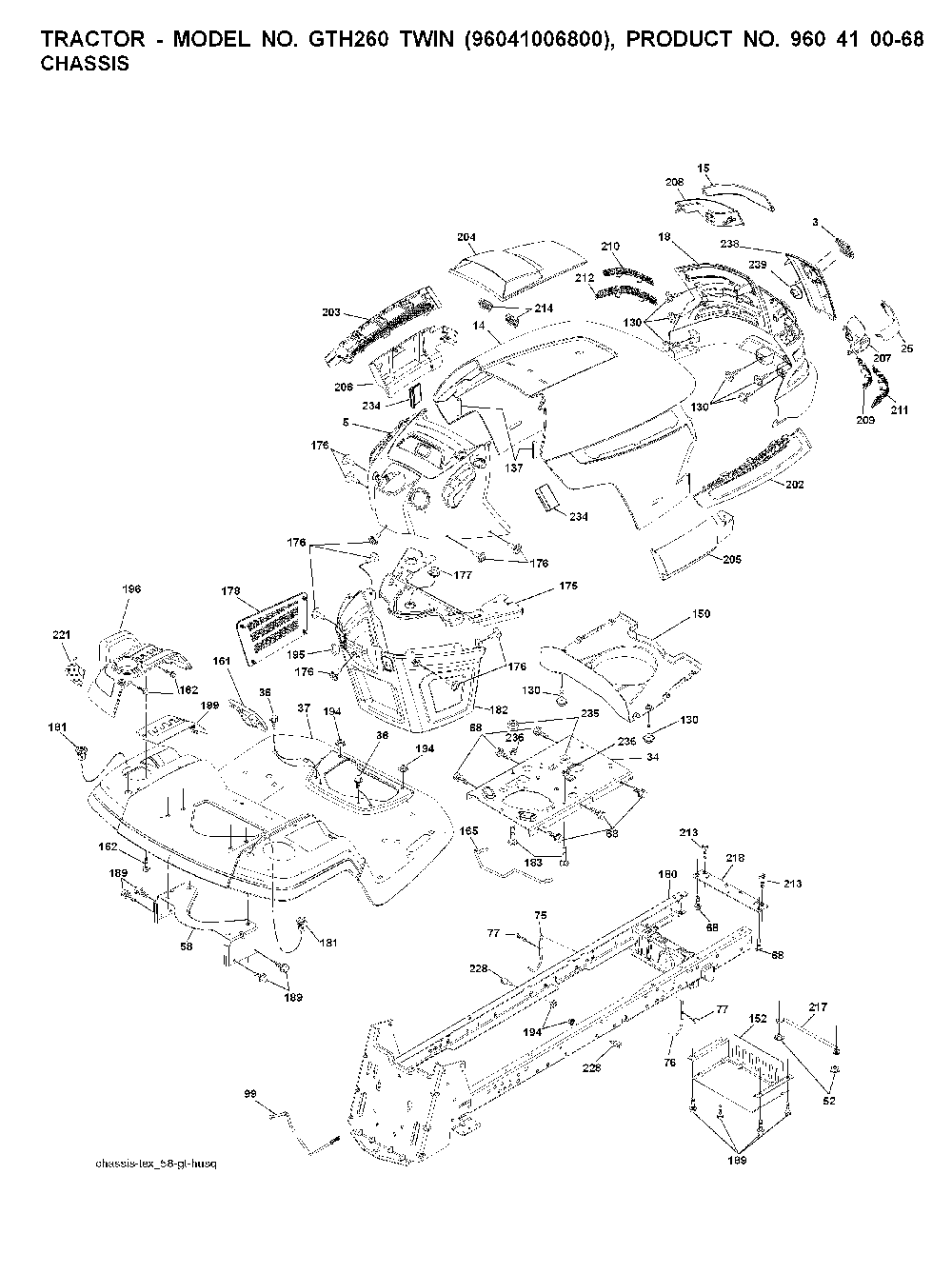 Chassis And Enclosures Diagram and Parts List for GTH260TWIN (96041006800)(2008-01) Husqvarna Lawn Tractor