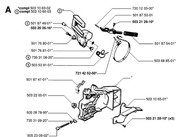 Chain Brake Diagram and Parts List for 49 19981800001-20013499999 Husqvarna Chainsaw
