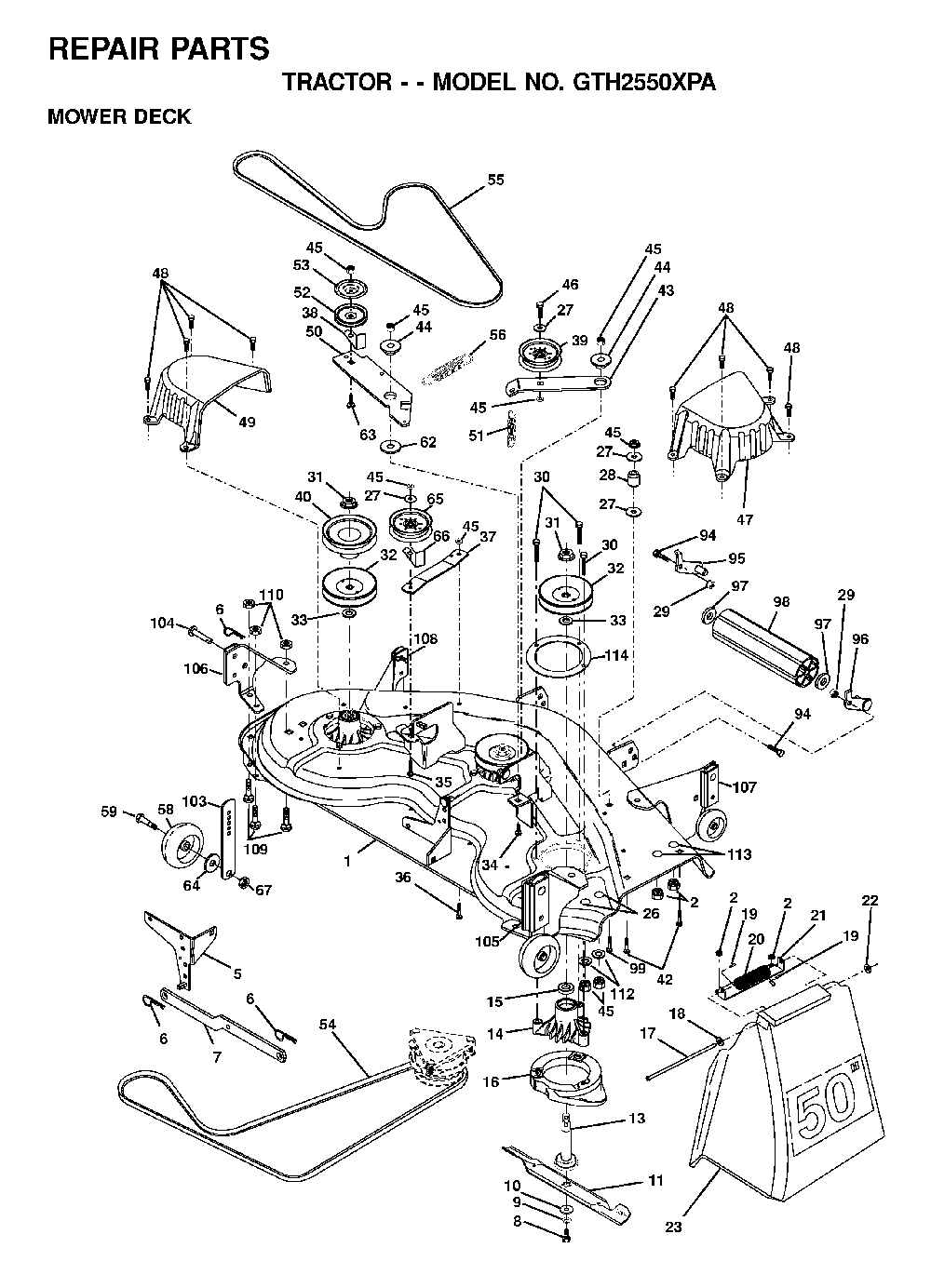 Mower Deck / Cutting Deck Diagram and Parts List for GTH2550XPA (954567116)(2001-01) Husqvarna Lawn Tractor