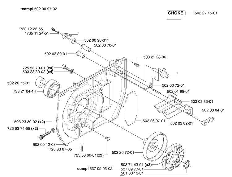Clutch/Drum/Choke Diagram and Parts List for 265RXEPA 2002-08 Husqvarna Brush Cutter