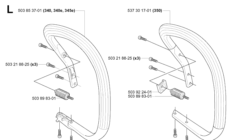 Handle Diagram and Parts List for 340E 20051800001-20062300000 Husqvarna Chainsaw