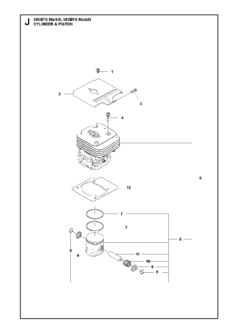 Cylinder Piston Diagram and Parts List for 580BFSMARKIII 580BTS Mark III Husqvarna Leaf Blower / Vacuum