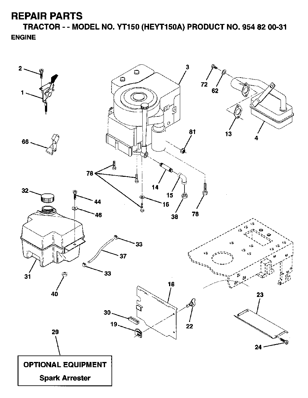 Engine And Cutting Equipment Diagram and Parts List for YT150 (HEYT150A, 954820031)(1996-01) Husqvarna Lawn Tractor
