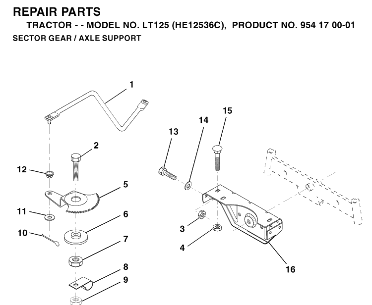 Sector Gear / Axle Support Diagram and Parts List for LT125 (HE12536C)(1996-01) Husqvarna Lawn Tractor