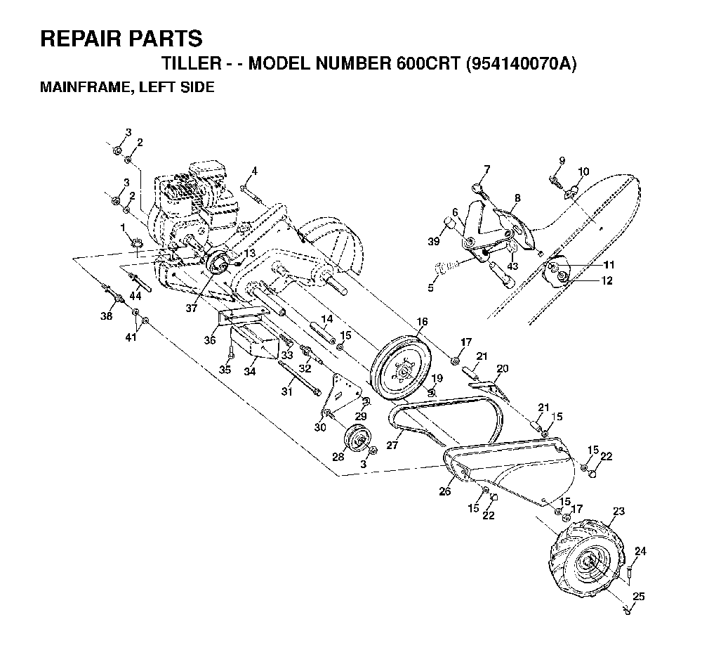 Mainframe, Left Side Diagram and Parts List for 600CRT (954140070A)(1999-04) Husqvarna Tiller
