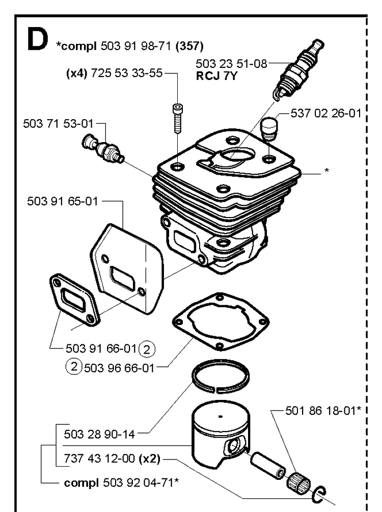Cylinder Piston Diagram and Parts List for 357XP 20014000001-20031400000 Husqvarna Chainsaw