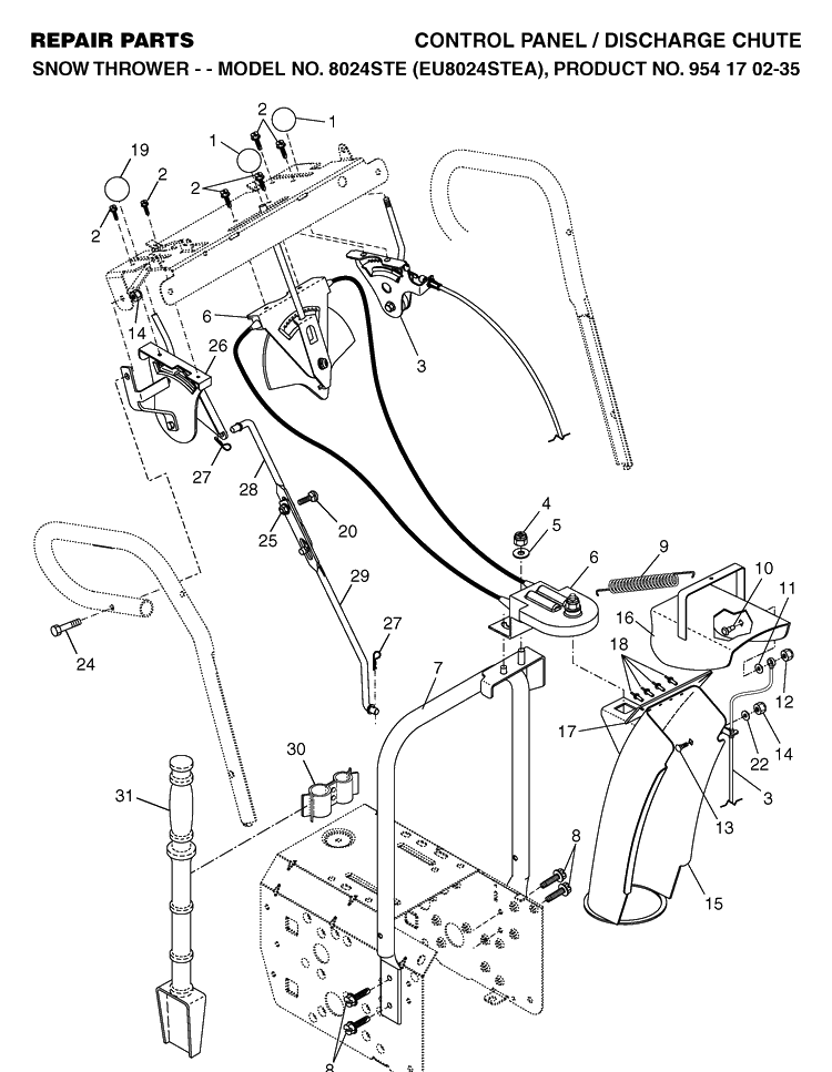 Control Panel And Discharge Chute Diagram and Parts List for 8024STE (EU8024STEA)(2004-09) Husqvarna Snow Blower