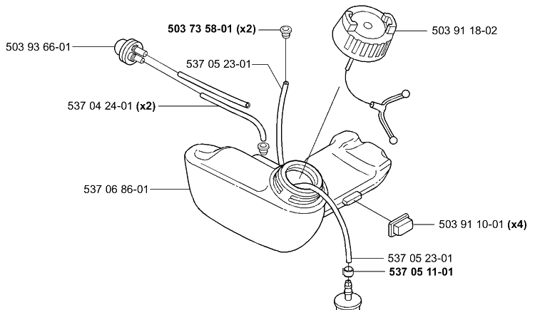 Fuel Tank Diagram and Parts List for 322R 2000-04 Husqvarna Brush Cutter