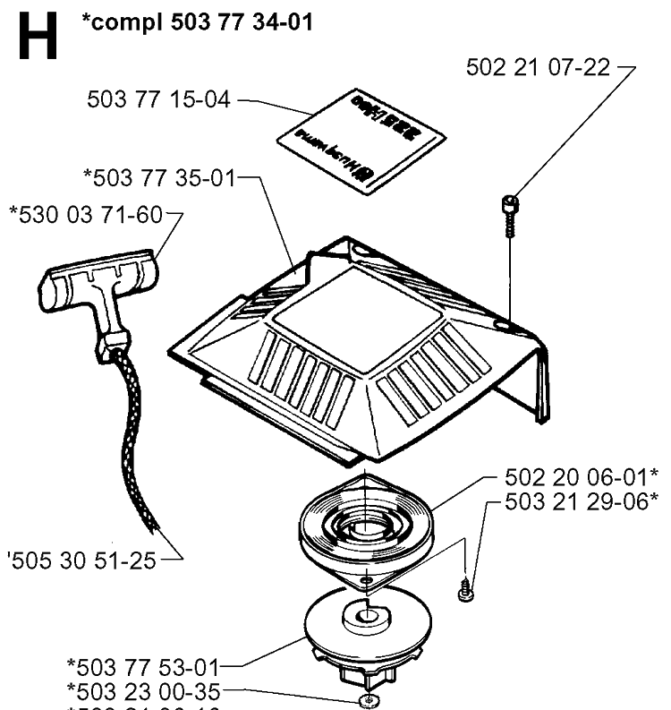 Starter Diagram and Parts List for 225BV 19963100001-19970500000 Husqvarna Leaf Blower / Vacuum