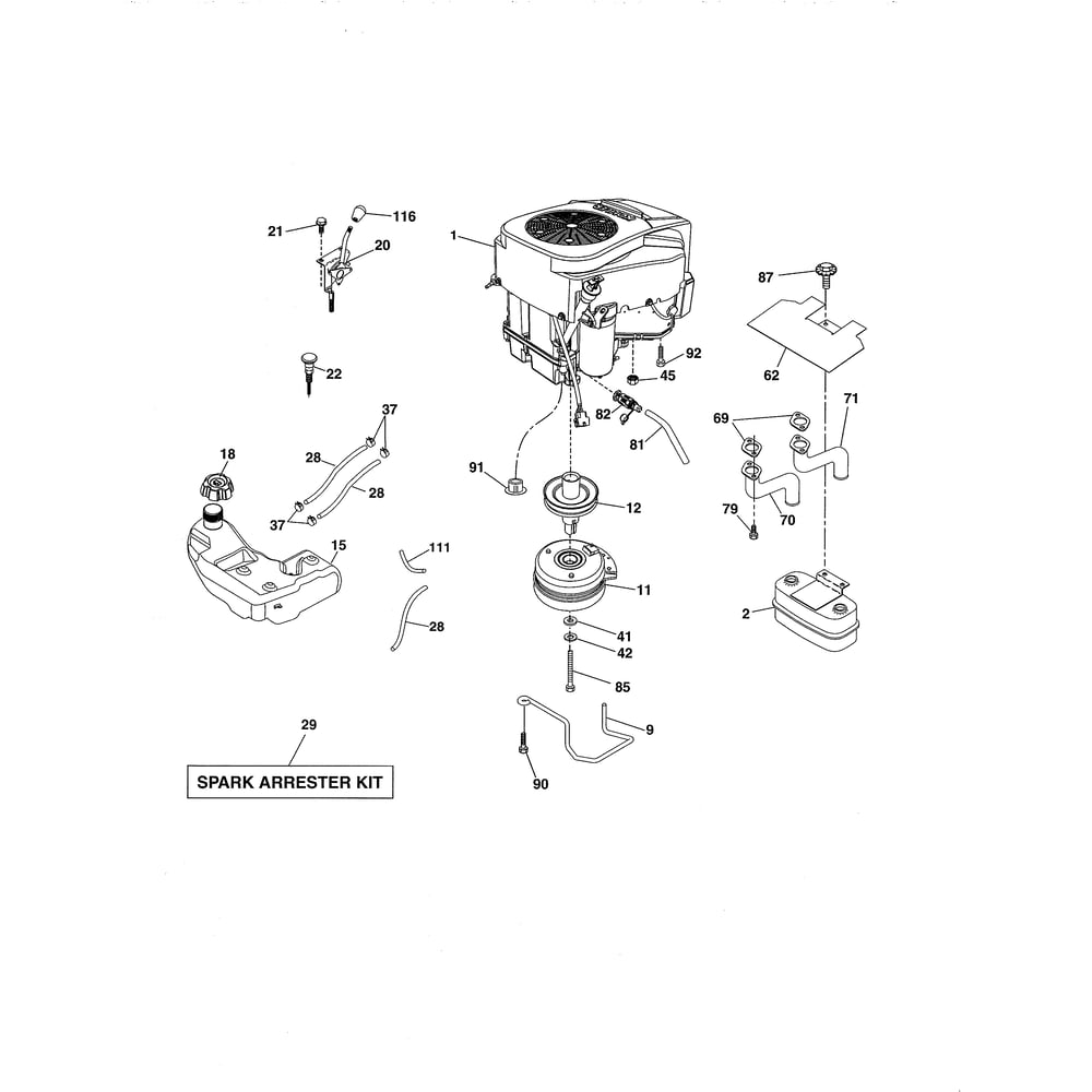 Engine Diagram and Parts List for YT42DXLS-96043020400  Husqvarna Lawn Tractor