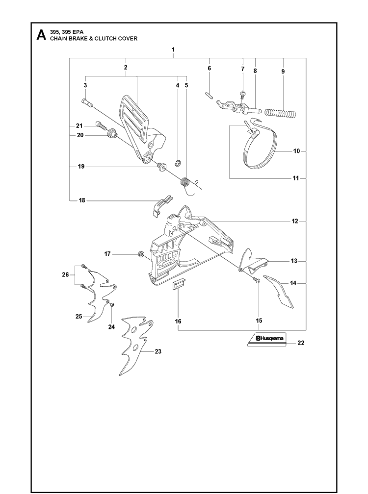 Chain Brake And Clutch Cover Diagram and Parts List for 395XP/ (XPG - 395 XP EPA)(20163900001-20193499999) Husqvarna Chainsaw