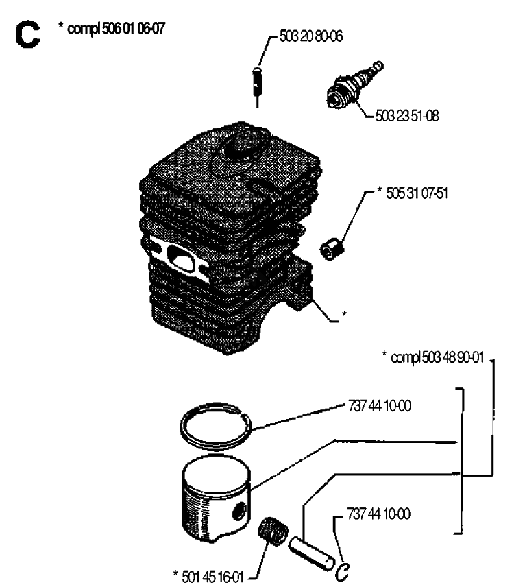 Cylinder Piston Diagram and Parts List for 40 19902200001-19912200000 Husqvarna Chainsaw