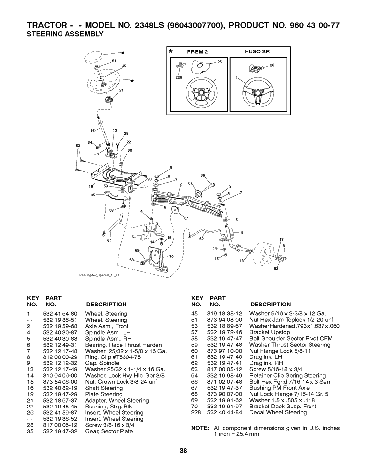 Steering Diagram and Parts List for 2348LS (96043007700)(2008-11) Husqvarna Lawn Tractor