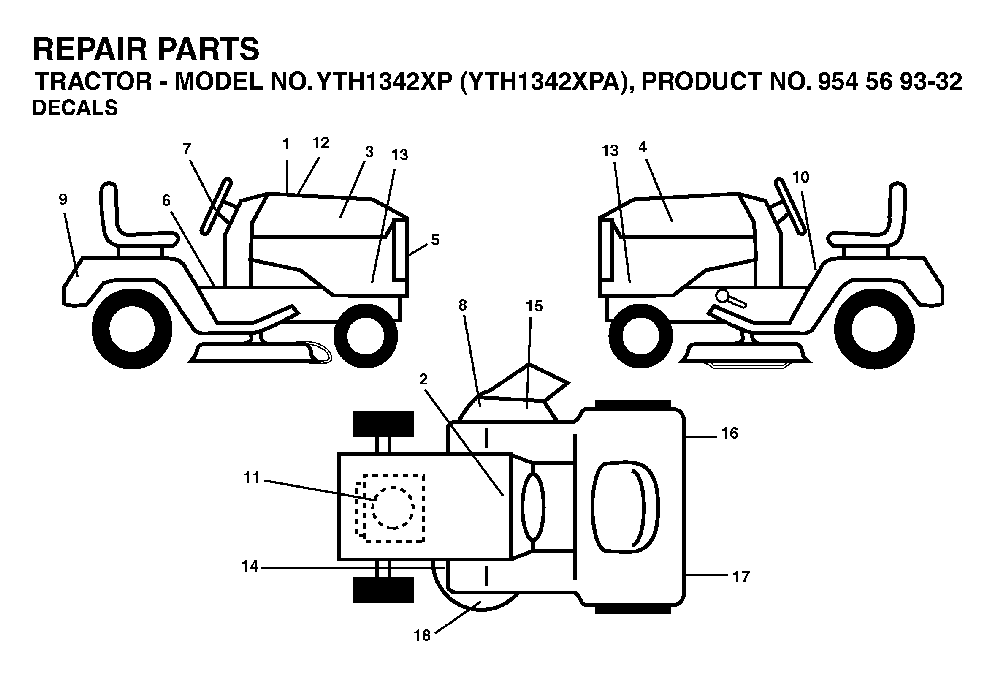 Decals Diagram and Parts List for YTH1342XP (YTH1342 XPA, 954569332)(2003-03) Husqvarna Lawn Tractor