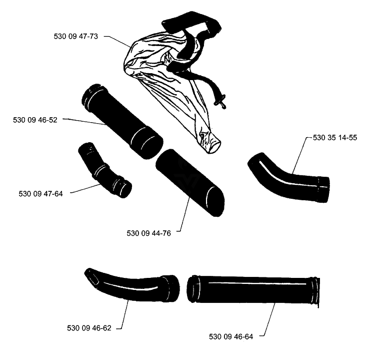 Blower Tubes And Collection Bag Diagram and Parts List for 132HBV 1991-11 Husqvarna Leaf Blower / Vacuum