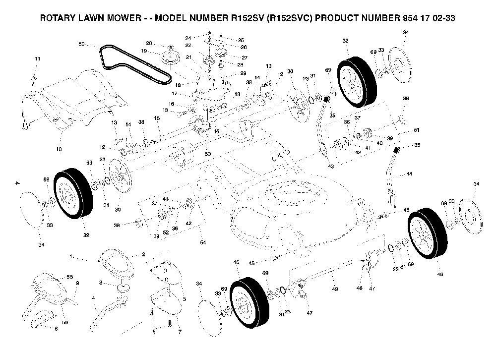 Wheels And Tires Diagram and Parts List for R152SV (R152SVC, 954170233)(2004-10) Husqvarna Lawn Mower