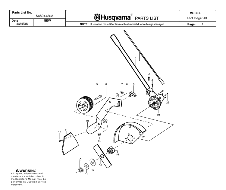 Attachments Diagram and Parts List for 125LD 20064900001-20082200000 Husqvarna Edger