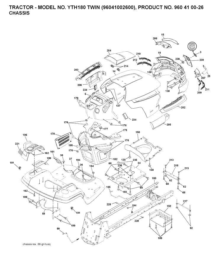 Chassis And Enclosures Diagram and Parts List for YTH180 (96041002600)(2007-02) Husqvarna Lawn Tractor