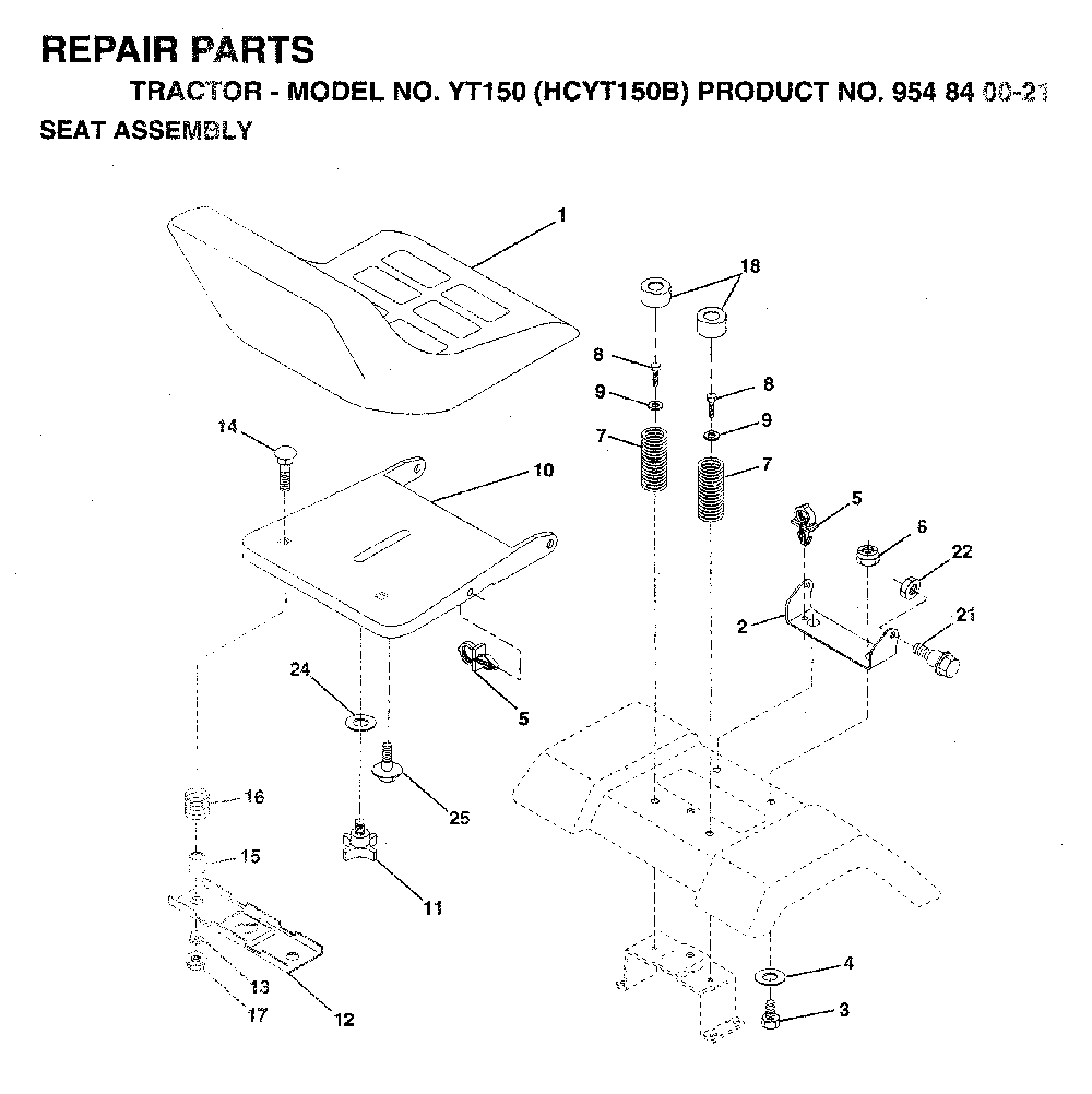 Seat Diagram and Parts List for YT150 (HCYT150B, 954840021)(1996-04) Husqvarna Lawn Tractor