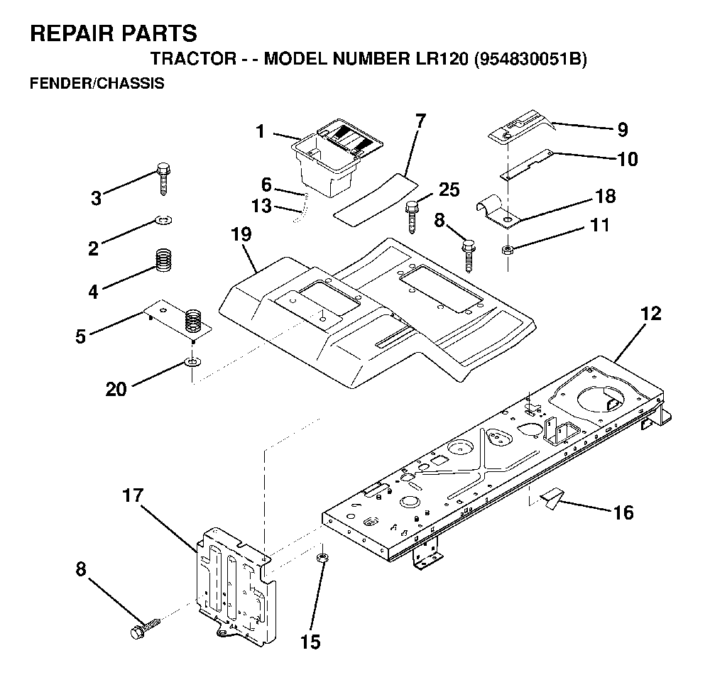 Chassis / Frame Diagram and Parts List for LR120 (954830051B)(1996-05) Husqvarna Lawn Tractor