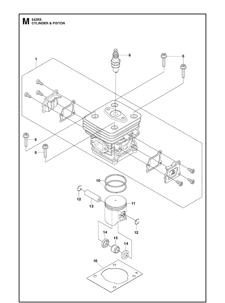 Cylinder Piston Diagram and Parts List for 543RS 20192200001-Current Husqvarna Brush Cutter