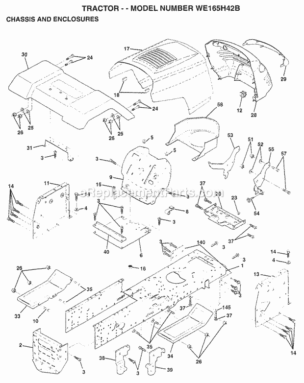 Chassis And Enclosures Diagram and Parts List for WE165H42B 1998 Husqvarna Lawn Tractor