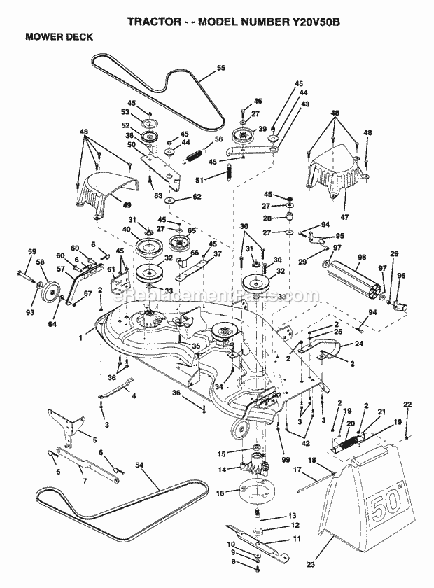 Mower Deck Diagram and Parts List for Y20V50B 1995 Husqvarna Lawn Tractor