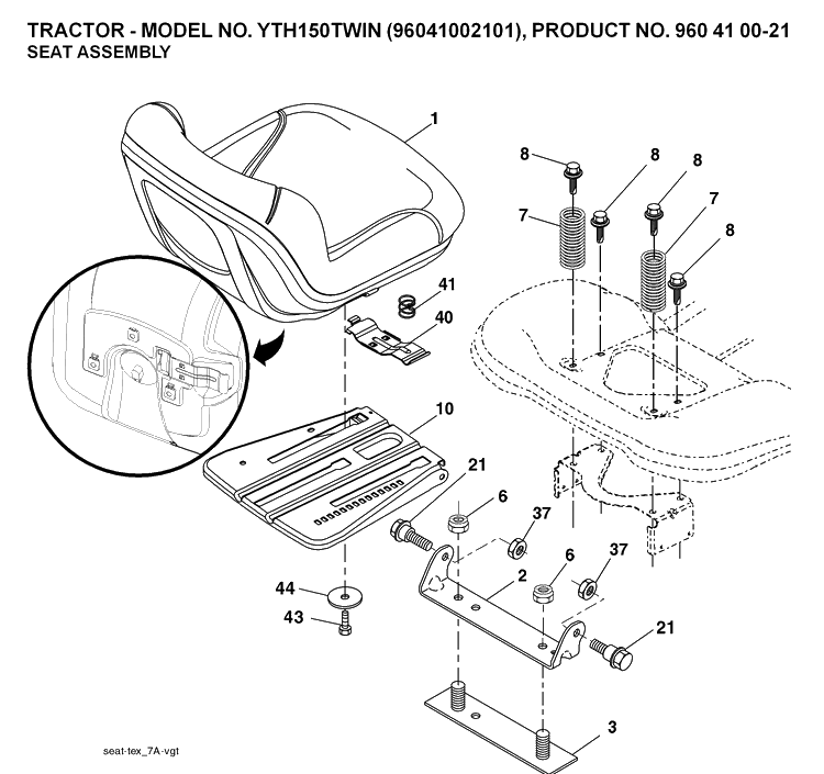Seat Diagram and Parts List for YTH150 (96041002101)(2008-01) Husqvarna Lawn Tractor