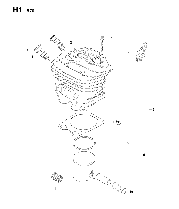 Cylinder Piston Diagram and Parts List for 570-570EPA 20083100001-20090100000 Husqvarna Chainsaw