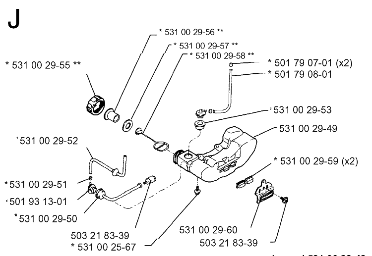 Fuel Tank Diagram and Parts List for 26H 19930600001-19941000000 Husqvarna Hedge Trimmer