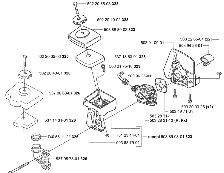Air Filter / Carburetor Diagram and Parts List for 323L 2004-03 Husqvarna Brush Cutter