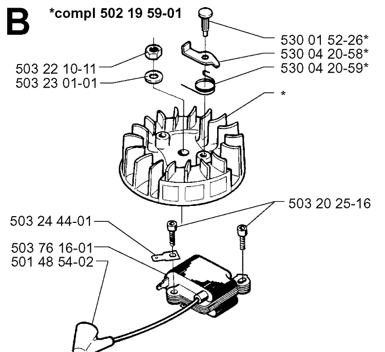 Ignition System Diagram and Parts List for 225HBV 19963100001-19970500000 Husqvarna Leaf Blower / Vacuum