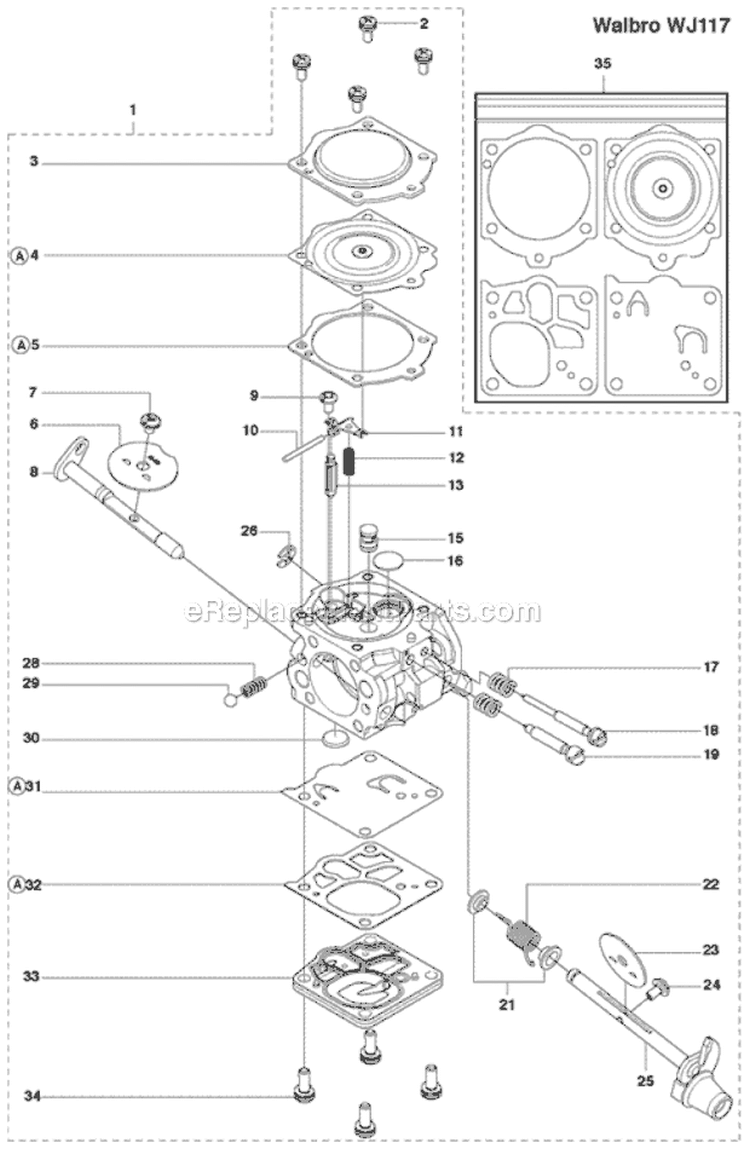 Carburetor Diagram and Parts List for 281XP 2010-06 Husqvarna Chainsaw
