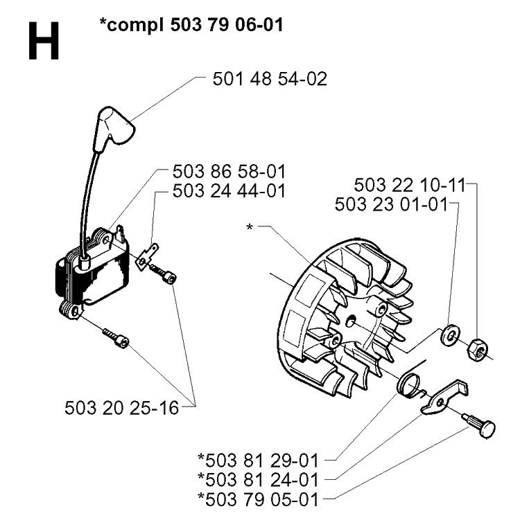 Ignition System Diagram and Parts List for 232L 19980100001-20001400000 Husqvarna Edger