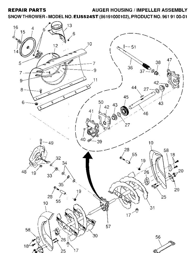 Auger Housing And Impeller Diagram and Parts List for 5524ST (EU5524ST)(2007-01) Husqvarna Snow Blower
