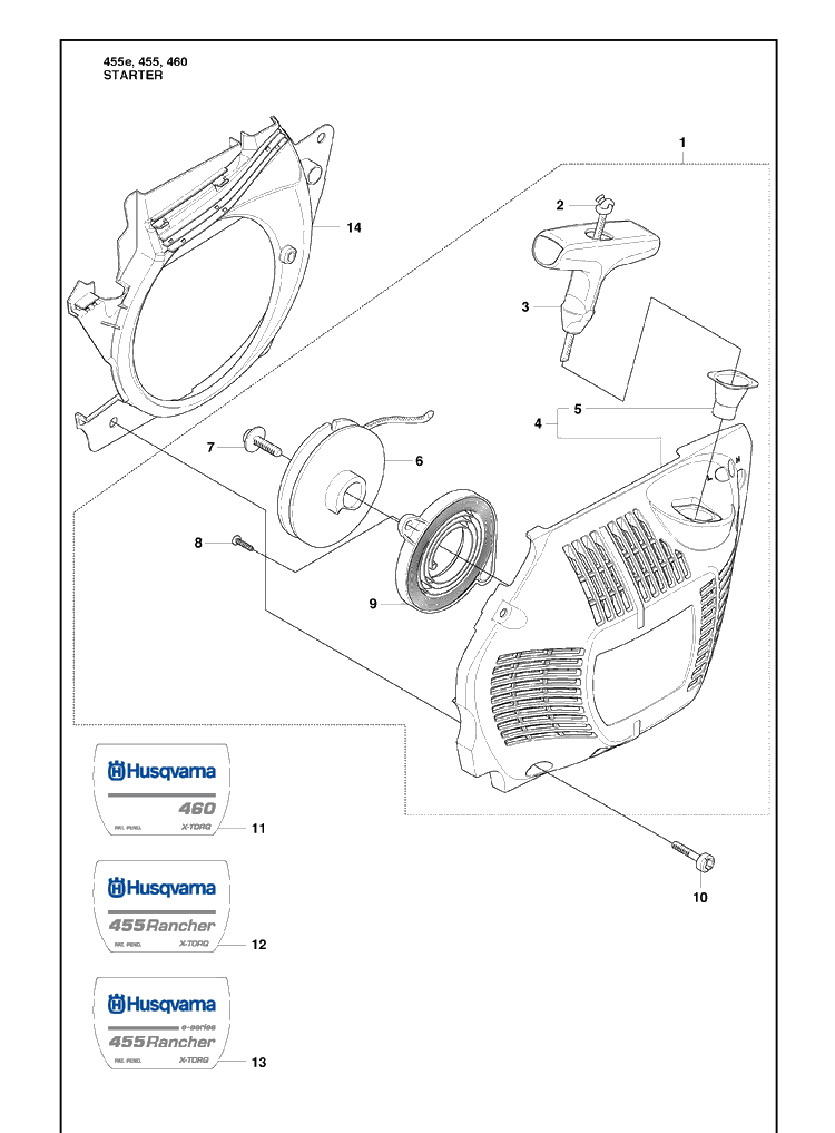 Starter Diagram and Parts List for 455E 2009-10 Husqvarna Chainsaw