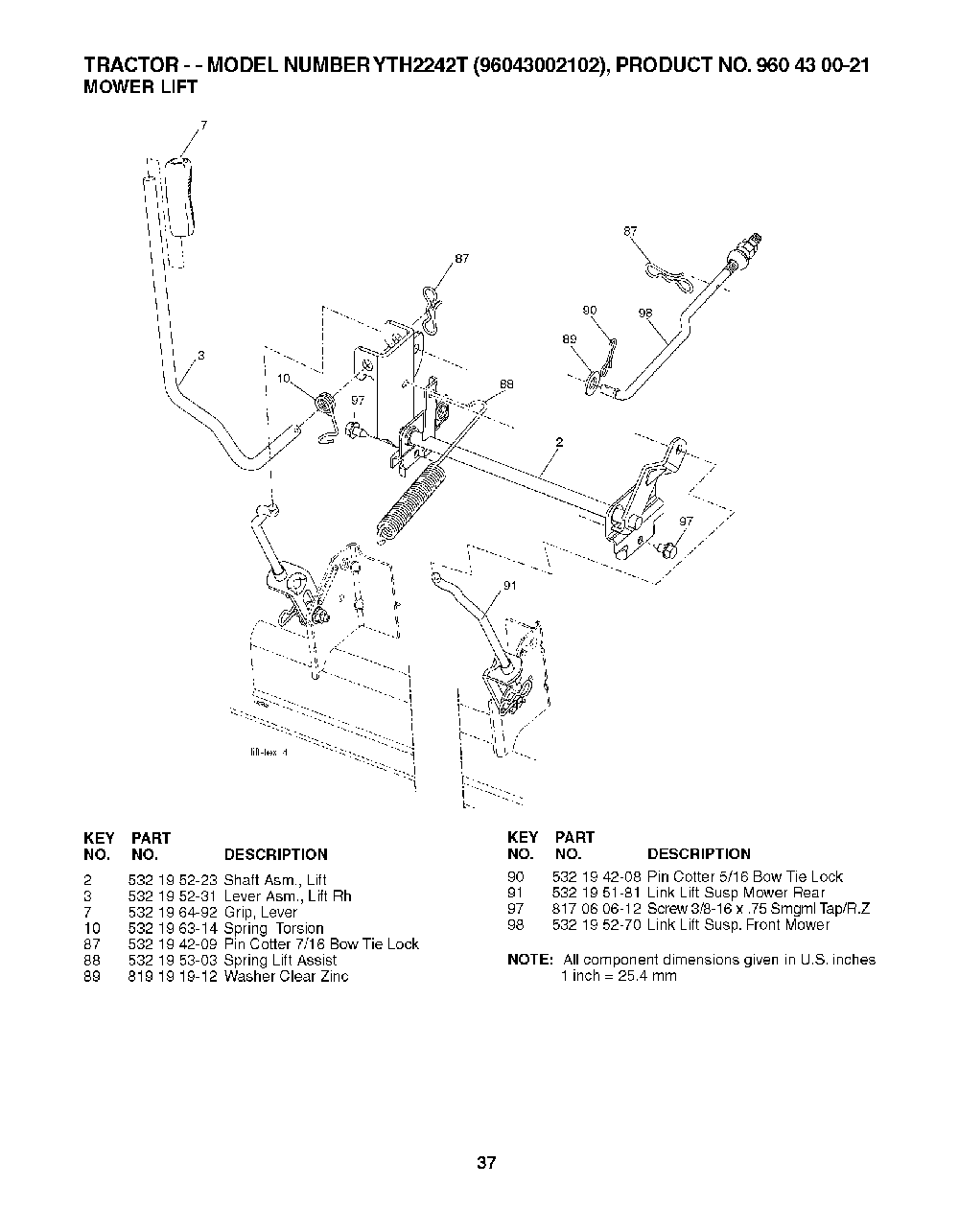 Mower Lift / Deck Lift Diagram and Parts List for YTH2242T96043002102 2008-01 Husqvarna Lawn Tractor