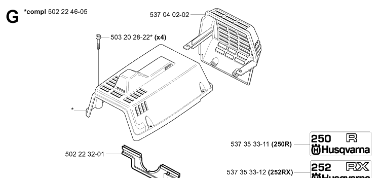 Cylinder Cover Diagram and Parts List for 250R  Husqvarna Brush Cutter