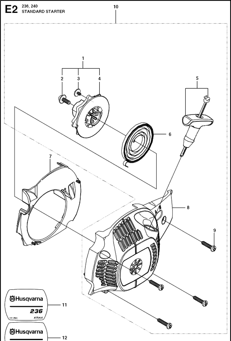 Starter Diagram and Parts List for 236  Husqvarna Chainsaw